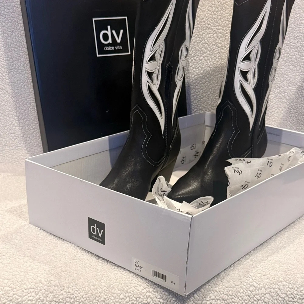 Dolce Vita Black and White Heeled Boots - Picture 4 of 5